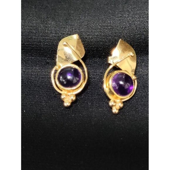 Gold Plated Round Amethyst Stone Leaf Stud Earrings - Picture 2 of 5